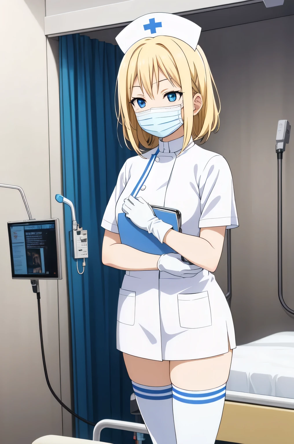 1woman, solo, nurse, white nurse cap, white nurse uniform, ((white legwear, zettai ryouiki)), white gloves, blonde hair, blue eyes, ((white surgical mask, covered nose)), standing, ((hospital room)), sharp outline, short sleeves, mature female, 35yo, best quality, masterpiece