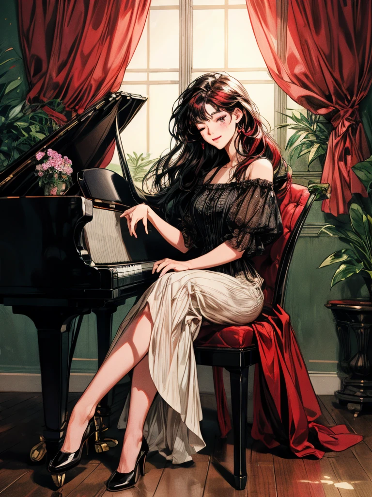 beautiful woman(((full body))), ((background house)), (best quality), 1girl, solo A room with glass windows, curtains, a young woman with long black hair, red hair , eyes closed, sitting on a chair, Using her two slender, beautiful hands to play the piano, There are flowers, flower pots, a table, a wine glass, a wine bottle, a lamp, a black cat