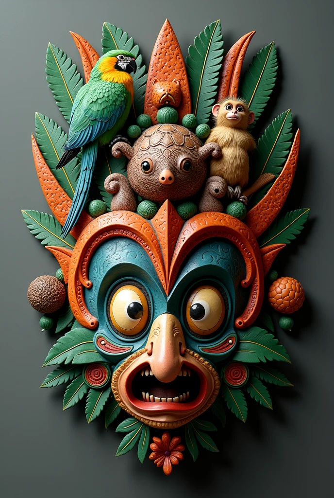 Costa Rican Boruca mask with a green macaw, a mono, a fat man, a turtle and a wild boar inside the mask
