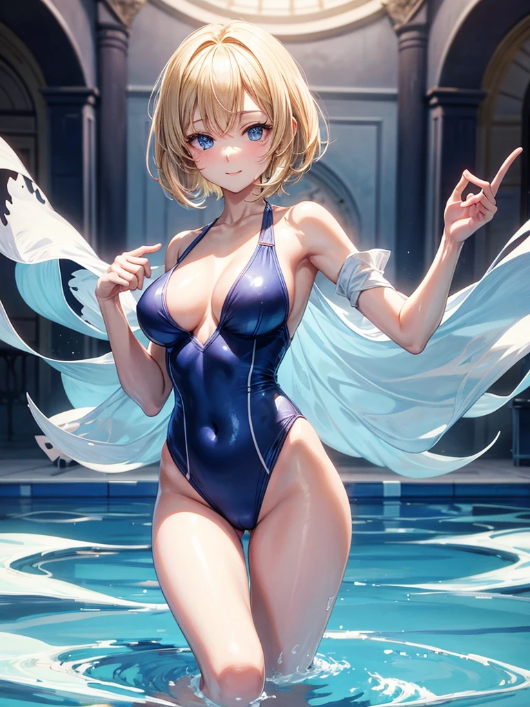 Anime style, super fine illustration, super clear illustration, highly detailed, beautiful detailed, super pale tone image, super delicate illustration, super calm & static image, sexy posing Portrait, static representation, gentle expression, 8k, pretty 1girl with blonde straight short hair & blue eyes & a bright smile & Big breasts & nipples & soft fair skin is wearing the competitive swimsuit in the swimming pool, happy stories, solo, perfect fingers, no more fingers, no less fingers, perfect arms, no more arms, no less arms, perfect legs, no more legs, no less legs, masterpiece,