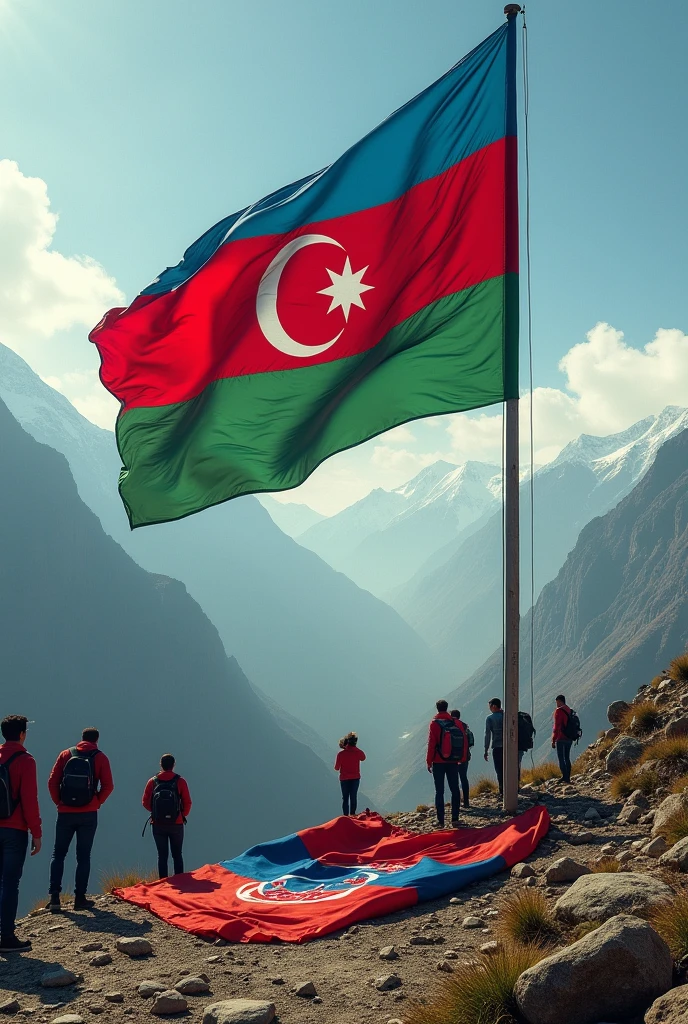 Huge Azerbaijan flag in the mountain.and tourists.and red,blue,yellow armenian flag on the floor with dirty brown stains.