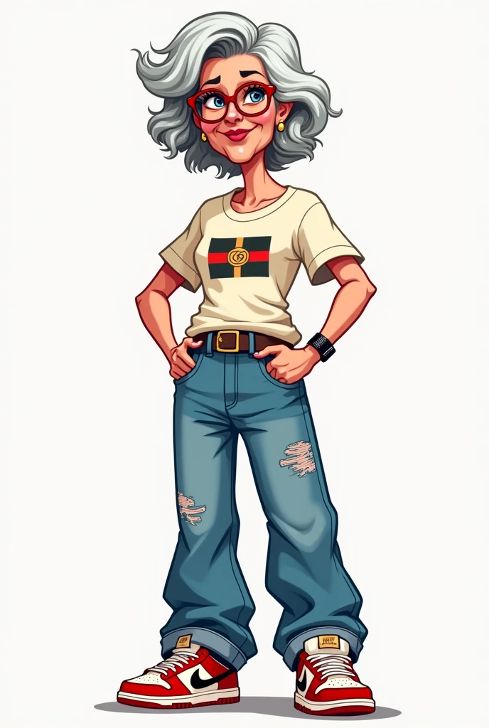 Cartoon logo of a cool grandmother wearing loose gucci tshirt, loose jeans and nike dunk sb lowcut shoes