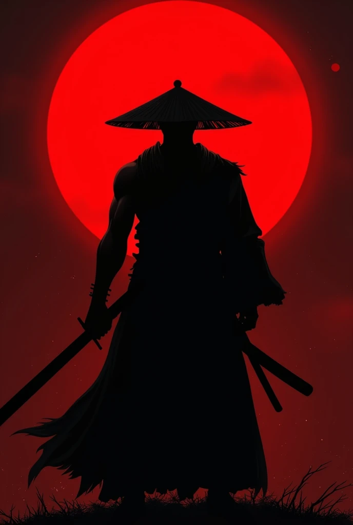 Kozuki 1 Kokushibo。silhouette,There is a red moon in the background、Show me the sword、I wrote something cool in Japanese a month ago.、He is wearing a straw hat、I wrote something cool in Japanese a month ago.、The color is black.、The moon is in the center of the body、No Face。