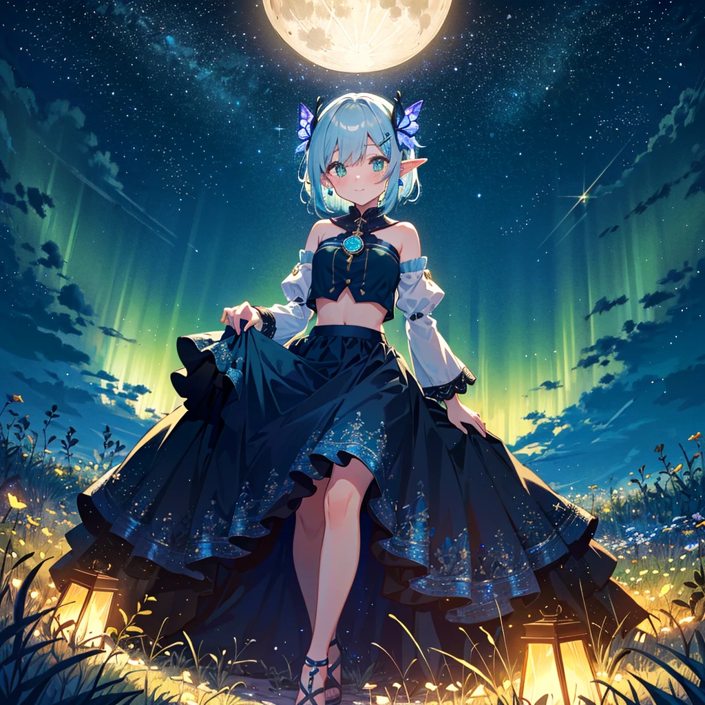 ,short hair, light blue hair, long side bangs, elf ears, sitting in a meadow, yellow fireflies, blue and yellow lights float around her, faintly blushing , green eyes, detached sleeves, bare shoulders, golden pendant, silver earrings, elf girl, :o, shy, shy smile, black high heels , night, huge moon, night, starry sky, northern lights, galaxy sky, ripped blue shorts, glowing butterflies, glowing flowers, blue ruffled pajama crop top, sitting down, ,,, big bright beautiful eyes, standing further from viewer, beautiful detailed skin, beautiful detailed skin , full body, incredibly detailed, , hair ornament, facing viewer, incredibly detailed, masterpiece, bright pupils, new, ai generated, perfect lighting, perfect_anatomy, better hands, more details, detailed background, light particles, best quality, canvas, painting, vibrant colors, detailed background, fierce look, sharp focus, hair ornament, facing viewer, gem,sparkle,more details, 8k quality,high resolution, more detail , 4kwallpaper, soft blush, sweet smile,shadows, gem,sparkle, star \(symbol\), , standing further from viewer ,Maccha Artstyle, pastel \(medium\), soft, pastel color palette, soft color palette, detailed style, cute, bright colours, shiny, sparkly eyes, detailed background, fine lineart, detailed shadows, detailed style, clean lineart, detailed lights,