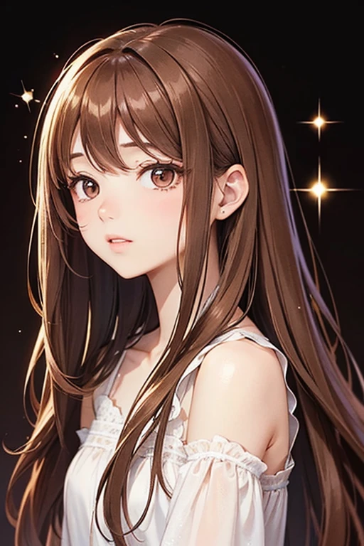 
One person, Long Hair, Brown Hair, Sparkle Effect, Simple Background, 