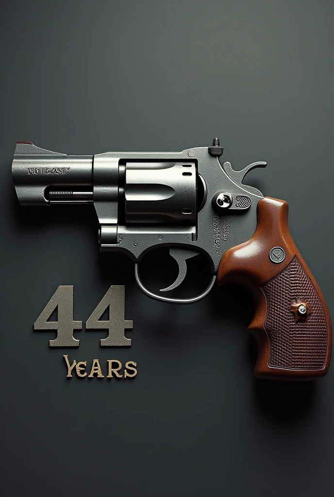 Create an image of a number 44 Create an image of a 44 caliber gun in allusion to 44 years of anniversary specifying the number 44 of the caliber and the age, remembering show the number 44 of the caliber and age