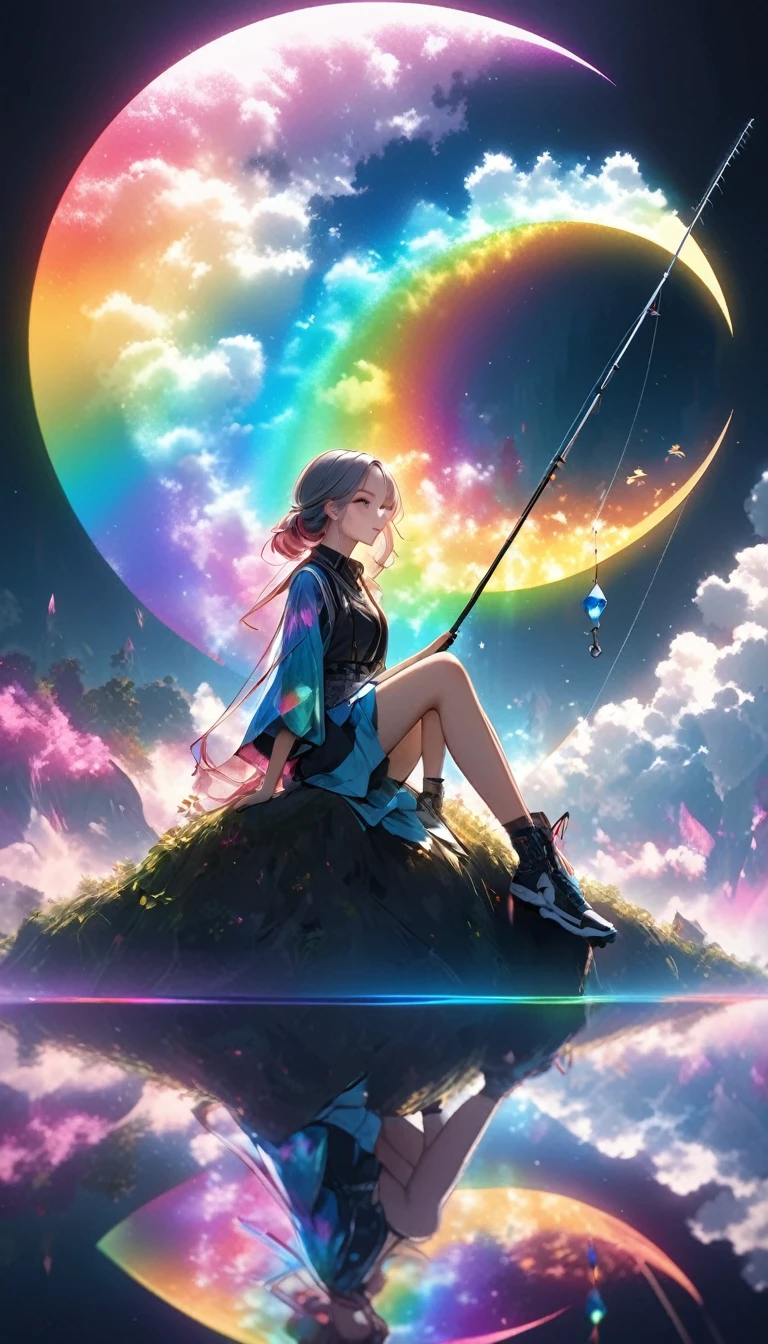 Attractive fishing girl sitting on a crescent moon, 1 person, A very thin line is hung straight down from a fishing pole, Aesthetic Earth attached to the top, Transparent and aesthetic internal illumination, Artistic Design, Dark pop fantasy, Crystal Coating, Holographic Reflection, Fantastic rainbow-colored fog, Refined aesthetics, 