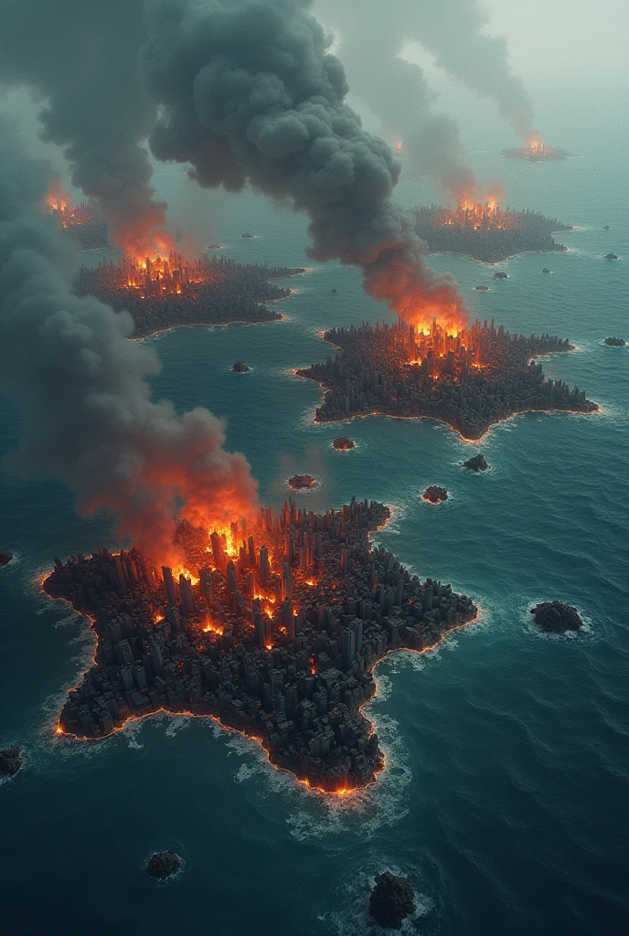 Post apocalyptic map with burning cities illustrated on the sea
