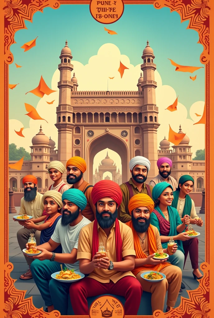 create a poster saying "the theme for Infusion is Pune thithe kay une" ,having border with animated puneri theme(shaniwar Vada,misal,pagdi,orange flags,metro , bakarwadi