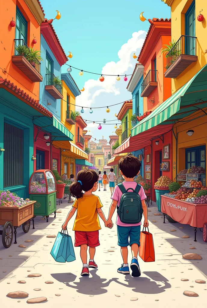 They are on a colorful street. Boy is with shopping bags behind the girl
Create doodle with pen
