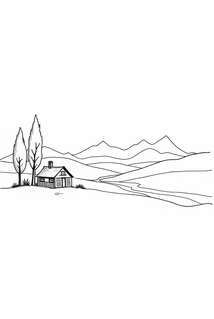 Landscape with a 1-story country house, trees, a river, mountains in the background, only outline of the drawing, black and white