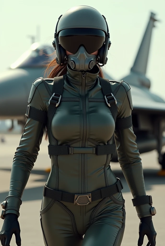 Angelina Jolie wearing a fighter pilot suit, wearing a pilot helmet, wearing oxygen mask, running towards f14, side view
