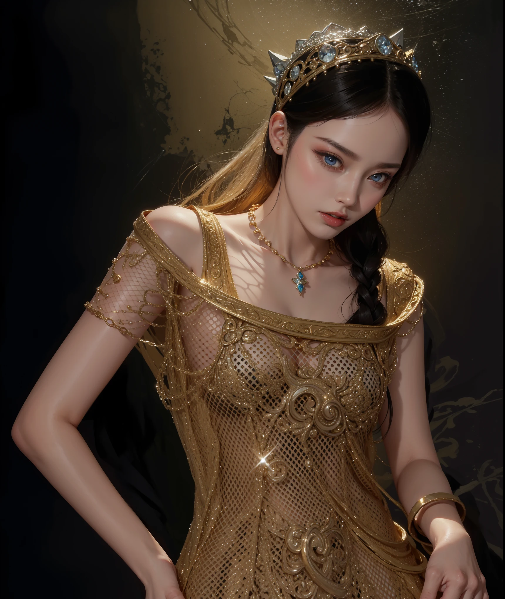 Royal sisters，Exquisite eyes，Frozen Queen，Put the crown on your head，Detailed facial expressions body，Tall and big，Glamorous characters，Leg length，4K，HD，Sensual，White translucent lace，白皙full image，Little cherry mouth，Beautiful and lovely，full image，Glossy Gel Coat，Vampire Queen in luxurious robes，Have a tattoo(Intricate tattoo designs)，Ice Princess，Rich facial details，Angel，Eyes are blue(Pupils as deep as the starry sky)，Silk printed clothes，Necklace gold，