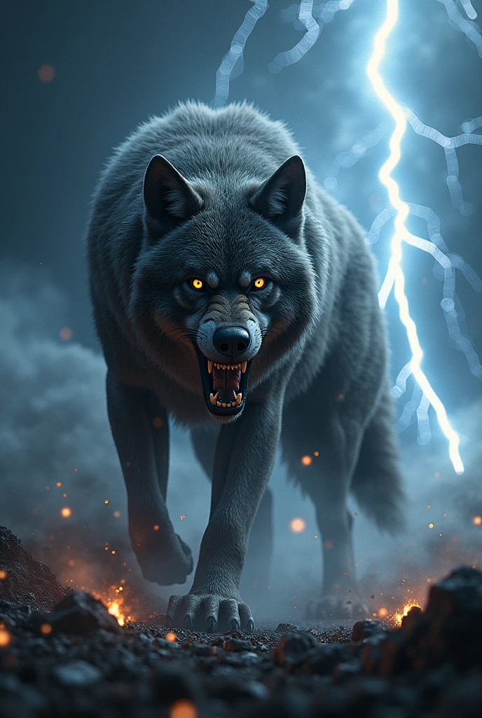 Wolf with angry mood in space with thunder and lightning spark