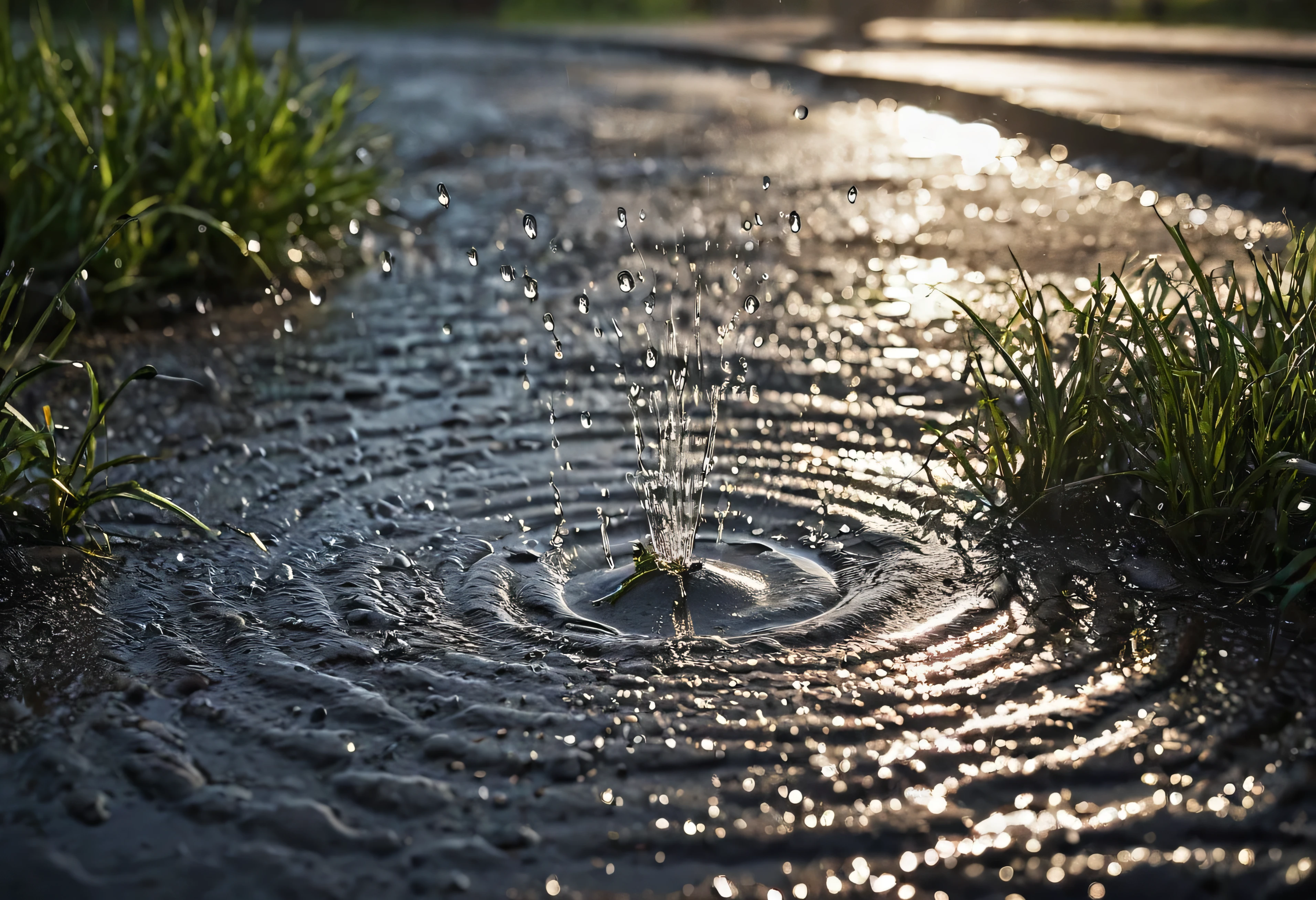 Generate an ultra-realistic close-up photo capturing the moment raindrops hit the ground. The scene should show droplets of rain splashing as they make contact with the soil, creating tiny craters and splashes. The ground is slightly muddy, with small pebbles and blades of grass visible, adding texture and detail. Each raindrop should be crystal clear, with some droplets caught mid-air, and others forming ripples in small puddles. The lighting is natural, with soft daylight illuminating the scene, highlighting the wet surface and the reflections of the droplets. The overall composition should evoke the fresh, earthy atmosphere of a rain shower, with a focus on the dynamic interaction between the rain and the ground.