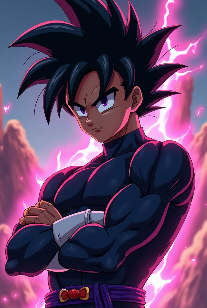 A dark skinned Saiyan man from the Dragon Ball universe, violet eyes, short straight black hair, muscular, with a shy expression on his face, with dragonball drawing style.