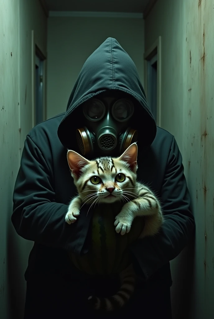 A gas mask man catch the watermeloncat in a room