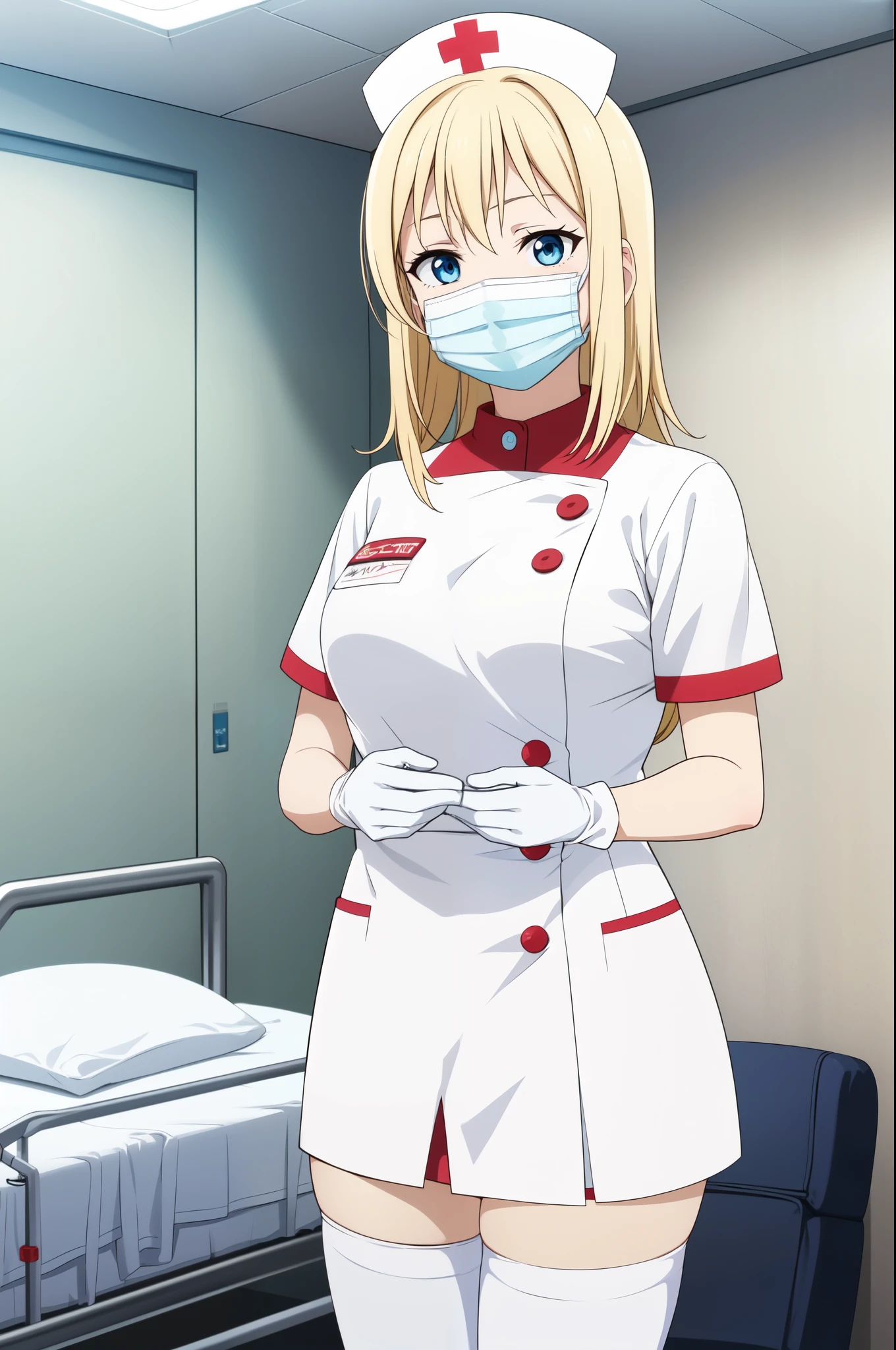 1woman, solo, nurse, white nurse cap, white nurse uniform, ((white legwear, zettai ryouiki)), white gloves, blonde hair, blue eyes, ((white surgical mask, covered nose)), standing, ((hospital room)), sharp outline, short sleeves, mature female, 35yo, best quality, masterpiece