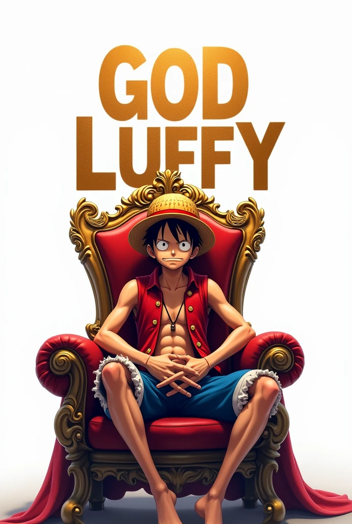 Create a picture of luffy is sitting a King chair background wall is white and text is up there "god luffy"
