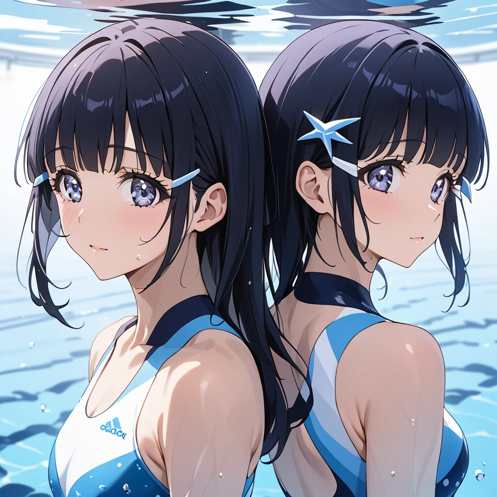 ((Highest quality)), ((masterpiece)), (detailed), (Perfect Face)、The woman is Reika Aoki with semi-long hair、The woman is wearing a synchronized swimming costume, a nose clip, synchronized swimming makeup, and is doing synchronized swimming.