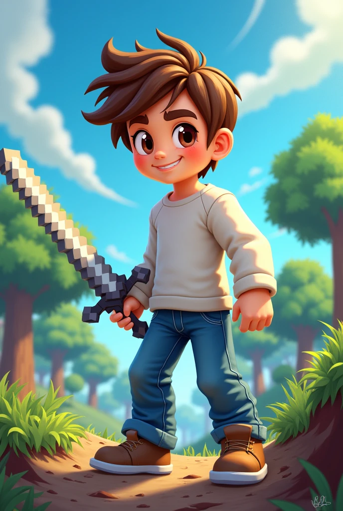 A vibrant character, in Minecraft style, with short brown hair, wearing a white sweatshirt and blue jeans. The character is holding a Minecraft sword and is depicted in an action pose.. The art style is similar to the second image provided, with bright colors, expressive facial features and a dynamic, lively background, featuring elements such as trees, clear skies and a fantasy atmosphere. The character must convey a sense of adventure and excitement, fitting into a colorful world, like a game."
2D drawing
