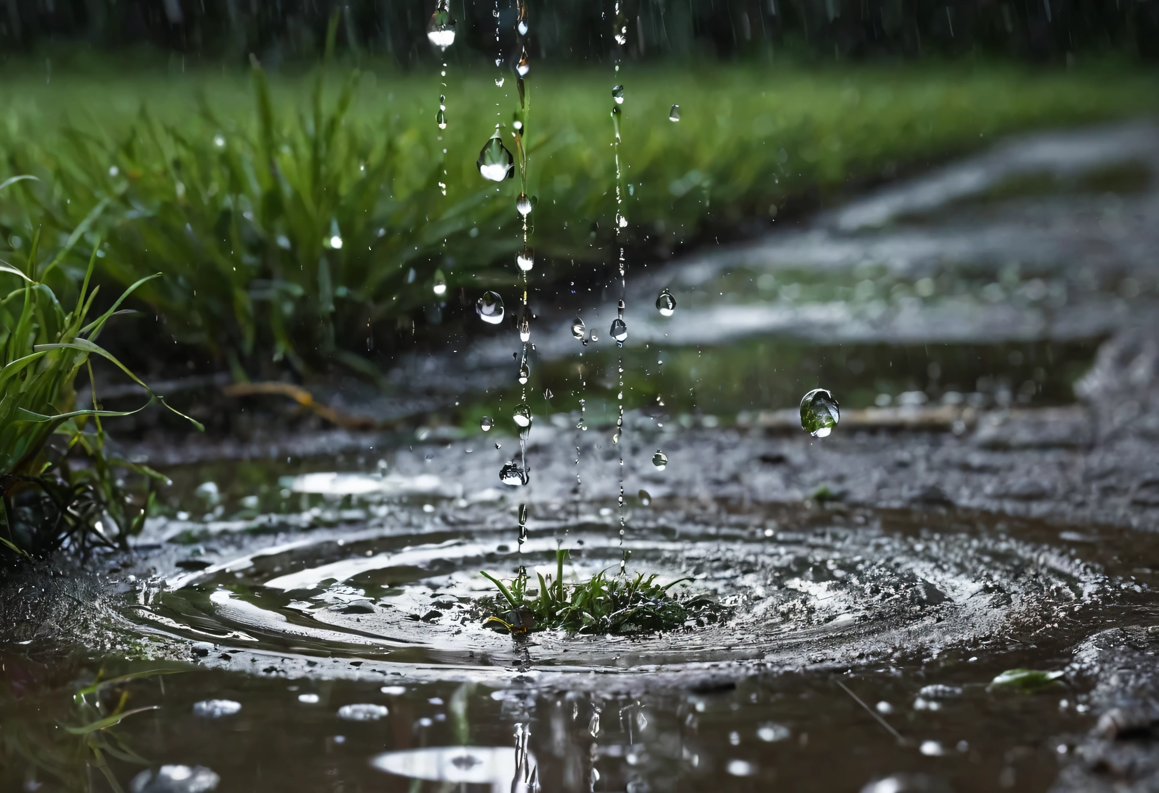 Generate an ultra-realistic close-up photo capturing the moment raindrops hit the ground. The scene should show droplets of rain splashing as they make contact with the soil, creating tiny craters and splashes. The ground is slightly muddy, with small pebbles and blades of grass visible, adding texture and detail. Each raindrop should be crystal clear, with some droplets caught mid-air, and others forming ripples in small puddles. The lighting is natural, with soft daylight illuminating the scene, highlighting the wet surface and the reflections of the droplets. The overall composition should evoke the fresh, earthy atmosphere of a rain shower, with a focus on the dynamic interaction between the rain and the ground.