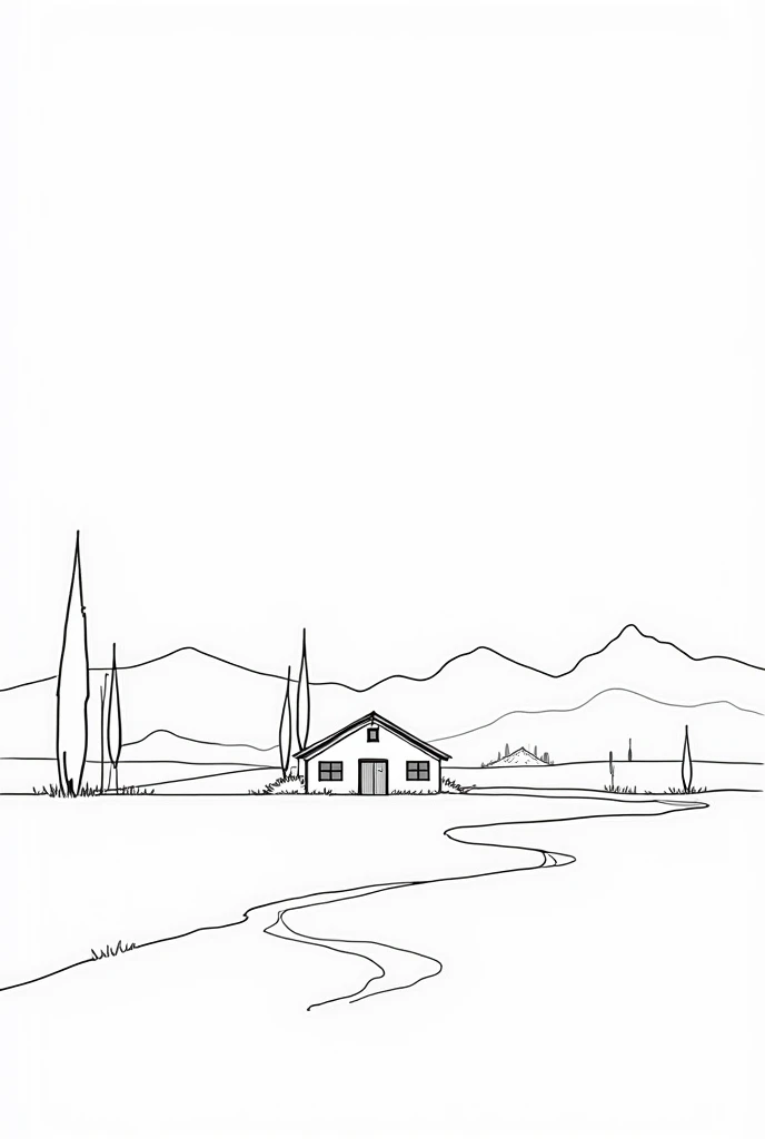 Landscape with a 1-story country house, trees, a river, mountains in the background, only outline of the drawing, black and white