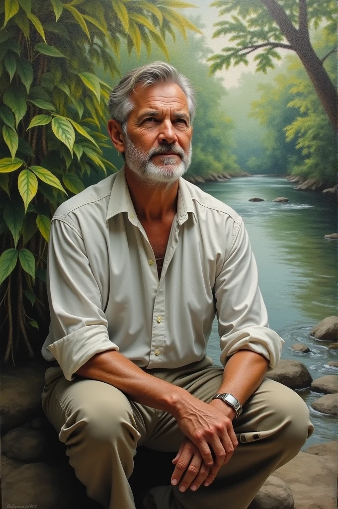 A rough oil painting of a man with a harmonious and peaceful surroundings