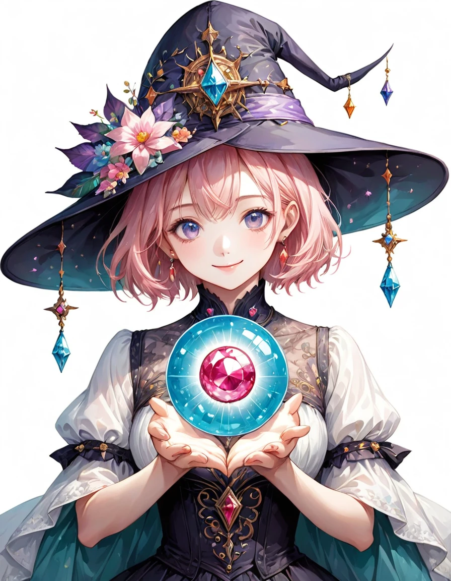 Highest quality、High resolution、(Beautiful face in every detail:1.4)、(Draw a picture to fit on the canvas:1.5)、Carefully draw your hands、Delicate hands、Elaborate hands、Anatomically correct、(Normal number of fingers:1.2)、(Highly detailed face)、Detailed eyes、age Beauty、Perfect body line、Stand in the center、so beautiful、 (((Blank Background:1.5, No background:1.5, Background white:1.5)))、1people、(Upper Body:2.0)、woman、(Smile:1.5)、Halloween、witch、The hat is very small、(Pink Hair:2.0)、(Short Hair:2.0)、(witchの小さい帽子:1.5)、(The hat only has flowers on it:1.5)、Clothing decorated with jewels、Change the design of the clothes、(Victorian dress:1.5)、Change the pose、Beautiful fingers、(There is a big jewel on the hat:1.5)、(I have a large crystal ball that I use for fortune telling..5)、Don't overdraw the fingers、