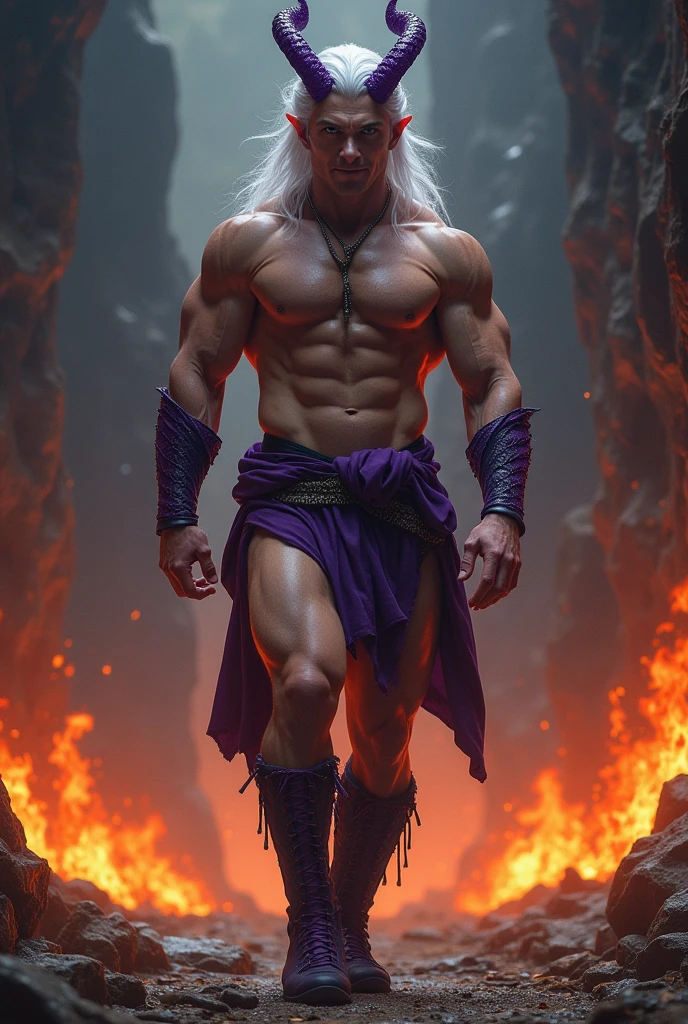 Muscular man, alone, white hair, dragon horns, violet-colored military boots, evil smile, dark brown eyes, fantasy scenery, walking through the flames of darkness,  ultra quality, elegant, highly detailed, no clothes, no underwear ((no panties)), naked, fully naked, nude, hard cock, hard and very big dick.