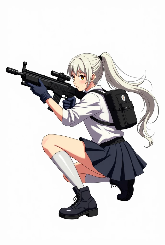 Medium-height anime girl, long white ponytail tail hair, yellow eye, calm face, aiming a futuristic Assault rifle while crouch position, wearing a black school uniform, short skirt, long white socks, cute black backpack, tactical gloves, tactical boots. Manga art style with white background