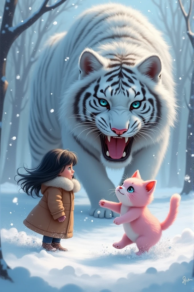 A light pink-furred cat with piercing blue eyes playing in the snow, with a young girl with black hair and her brown coat a big snow tiger came and roar on cat and girl