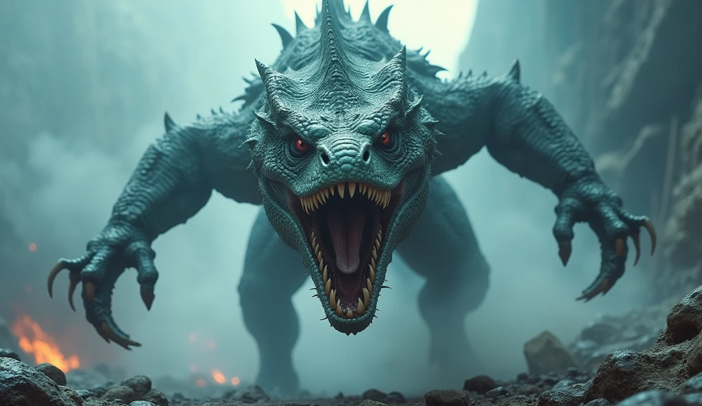Realistic photos, RAW Photos, monster of the ancient dragon, attacks viewer, Powerful movements, jump on prey, ((Dynamic jump)), Sharp Claws, monster of the demon world , ice magic,approaching from above, sudden approach, Bad-tempered, dynamic Shot from grand, flame magic,High resolution, masterpiece, Highest quality, Intricate details, Very detailed, Clear focus,texture, Delicate eyes, Professional, 4K,Shallow and deep, Kodak Vision Color, Exactly, Very detailed, photograph_\(Extremist\), photographpractical, practical, Post-processing, Maximum details, Roughness, Real Life, Extremist practical, Photorealism, photographgraphy, 8K Ultra HD, photographgraphy