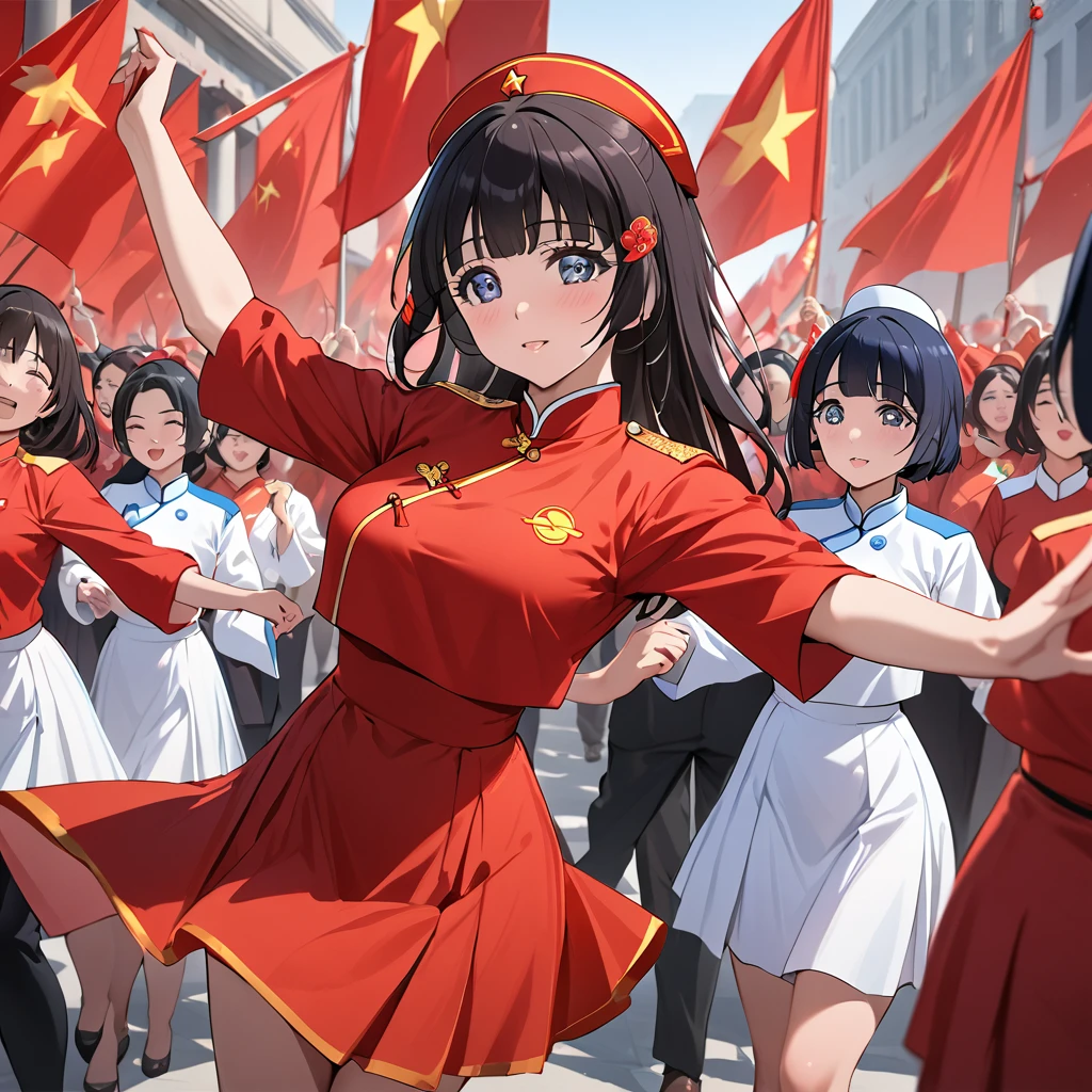 ((Highest quality)), ((masterpiece)), (detailed), (Perfect Face)、The woman is Aoki Reika, has medium-long hair and is a member of the Chinese Communist Party.、The woman is wearing a Chinese Communist Party folk dance costume and dancing with female members at a Communist Party rally.
