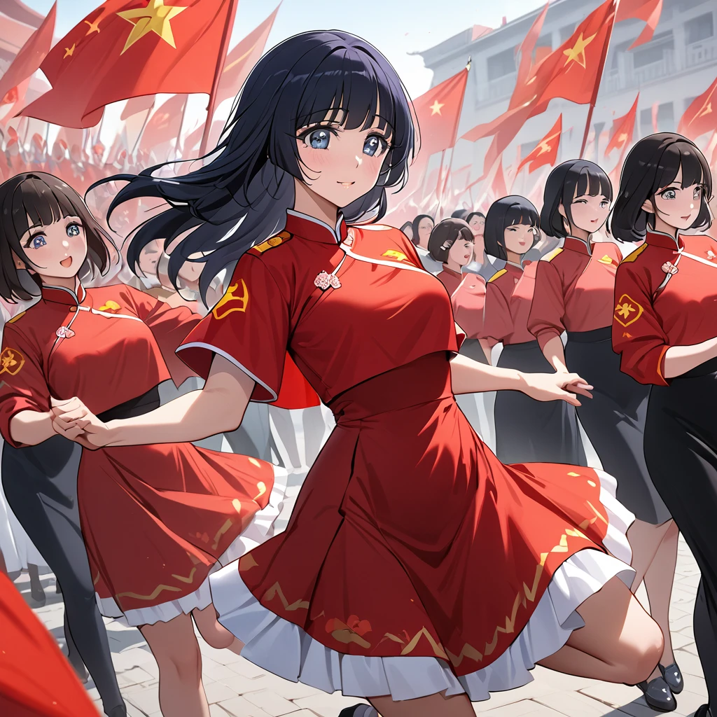 ((Highest quality)), ((masterpiece)), (detailed), (Perfect Face)、The woman is Aoki Reika, has medium-long hair and is a member of the Chinese Communist Party.、The woman is wearing a Chinese Communist Party folk dance costume and dancing with female members at a Communist Party rally.