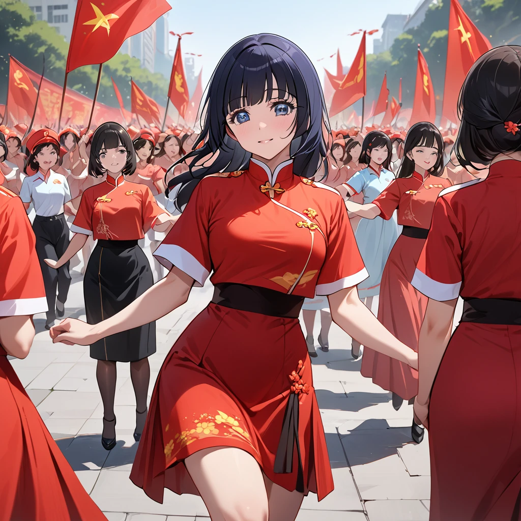 ((Highest quality)), ((masterpiece)), (detailed), (Perfect Face)、The woman is Aoki Reika, has medium-long hair and is a member of the Chinese Communist .、The woman is wearing a Chinese Communist Party dance costume and dancing with female members at a Communist Party rall