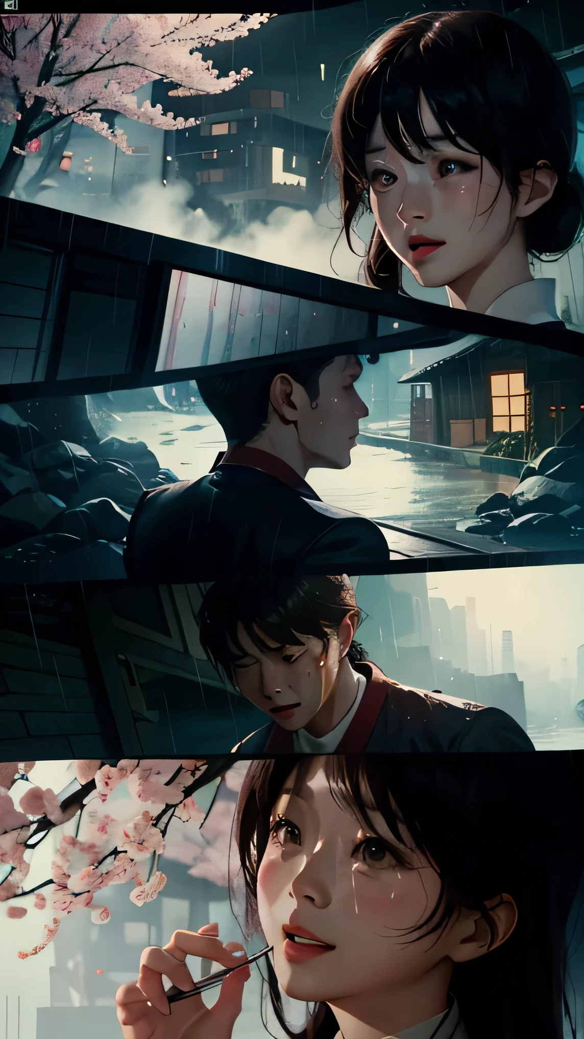 young beautiful man and woman crying together, in Korea, raining, Sakura, 4k, love. details , wide angle, full body, beautiful faces, 