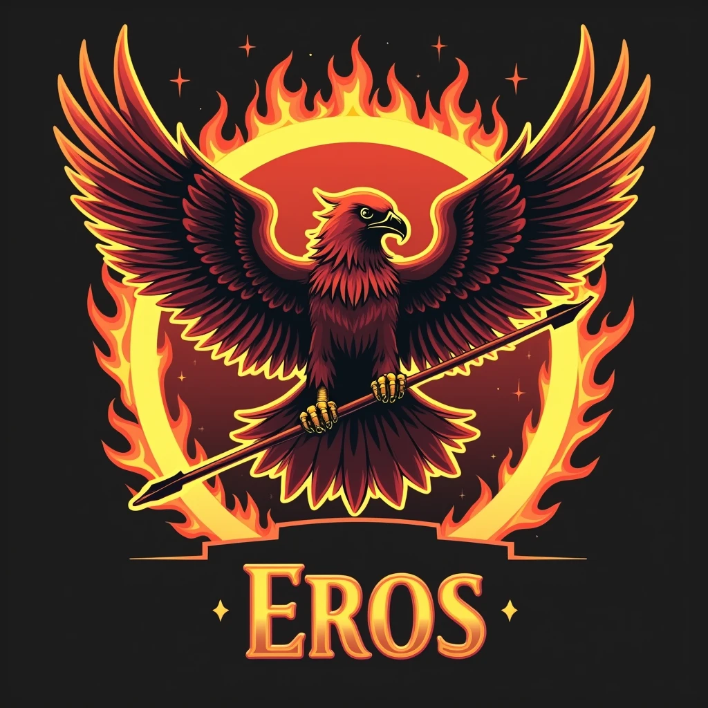 Create a retro logo of a bird with a ring of fire in the back and clutching to an arrow with a color palette red orange brown and gold with the name "eros"