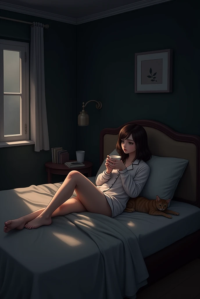 Girl drinking coffee in black bedroom color shows room with cat girl drinking coffee while lying on bed