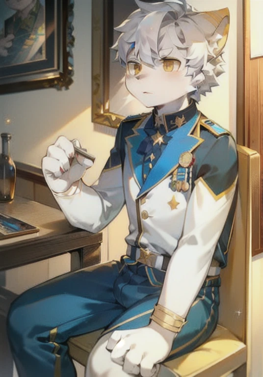 White male cat,boys,Handsome,Silver Hair,Detailed background,,Golden Eyes,military uniform,Wearing a lot of medals,serious