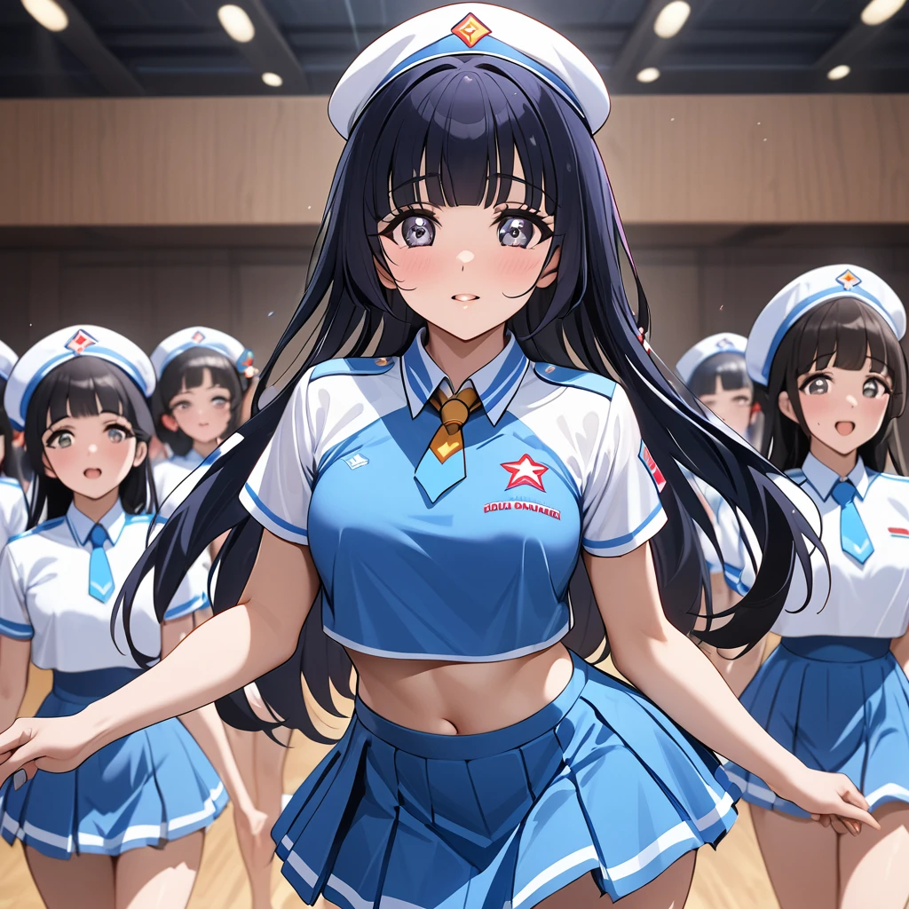 ((Highest quality)), ((masterpiece)), (detailed), (Perfect Face)、The woman is Reika Aoki with semi-long hair、The woman is a member of the North Korean Joy Squad and is dancing for the General in a Joy Squad dance costume.