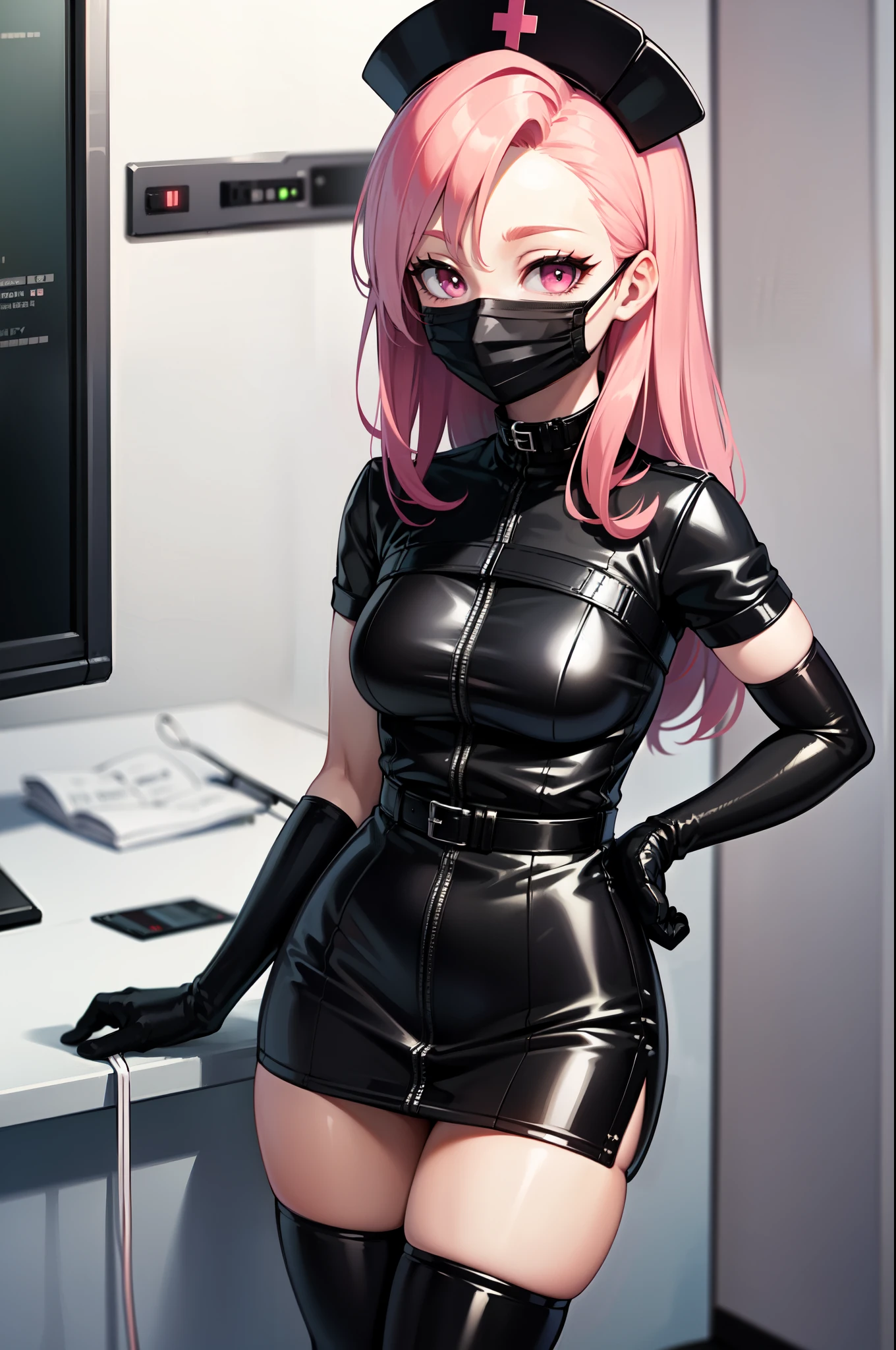 black nurse, 1woman, solo, black nurse cap, black nurse uniform, ((black legwear, zettai ryouiki)), black elbow gloves, forehead, long hair, green hair, pink eyes, ((black surgical mask, covered nose)), standing, ((surgery room)), sharp outline, short sleeves, mature female, 35yo, best quality, masterpiece