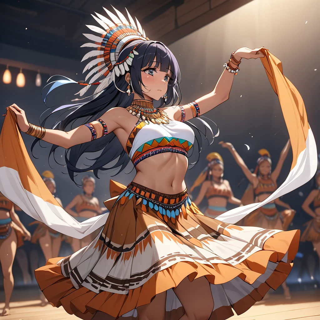 ((Highest quality)), ((masterpiece)), (detailed), （Perfect Face）、The woman is Reika Aoki, a native African dancer with medium-long hair.、A woman is wearing an indigenous African dance costume and dancing an indigenous African dance