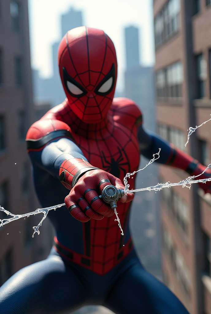 Generate an image of spiderman who shoots his web from his hand when he presses his fingers on the web shooter that touches the camera lens like realistic movie
