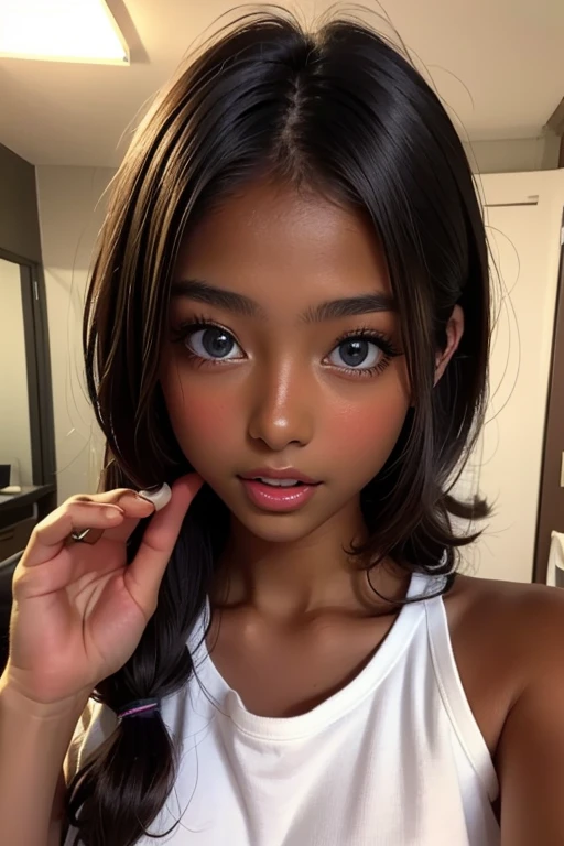 one girl, (((Open your mouth)))、Put your hand over your mouth、Beautiful breasts、 Brown eyes, ((Gal Hairstyles)) blonde, girl, (Eye and facial details:1.0), break, (masterpiece, Highest quality, Very detailed, Detailed face, 8k),( dark skin:1.8 )