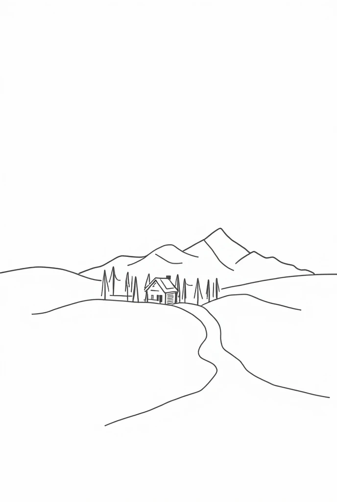Landscape with a 1-story country house, trees, a river, mountains in the background, only outline of the drawing, black and white