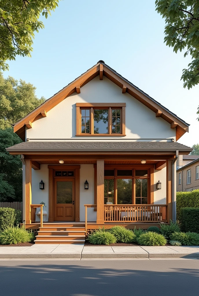 Make me an image of the facade of a one-story house with wooden porcelain details and a small commercial space.