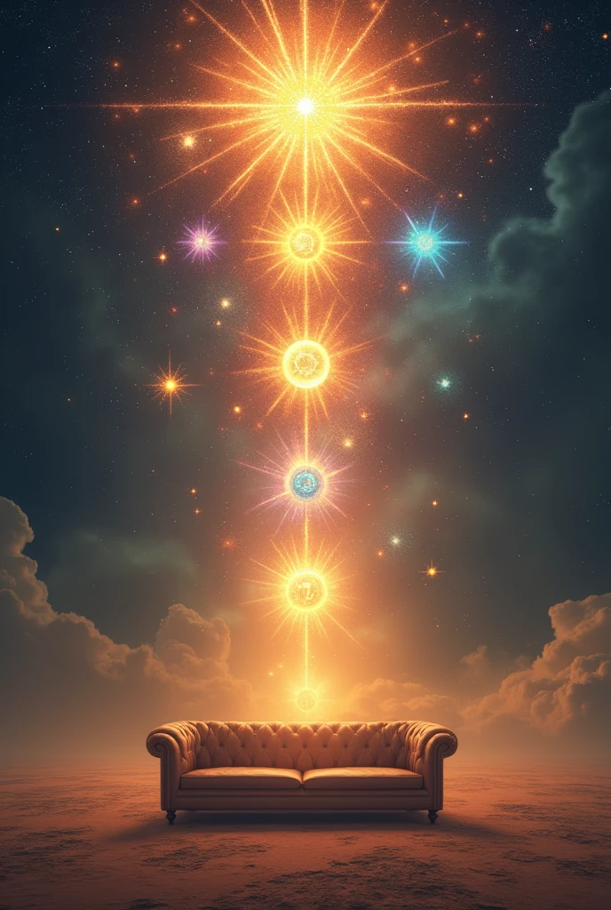 It represents a vast emptiness in the background, with a bright beam of light emerging from the center, symbolizing the **A sofa**. As the light expands, shows the ten sefirot of Kabbalah as bright spheres floating in space, Each with a distinctive color and symbol. The transition from emptiness to creation can be marked by star explosions and abstract shapes that represent life..