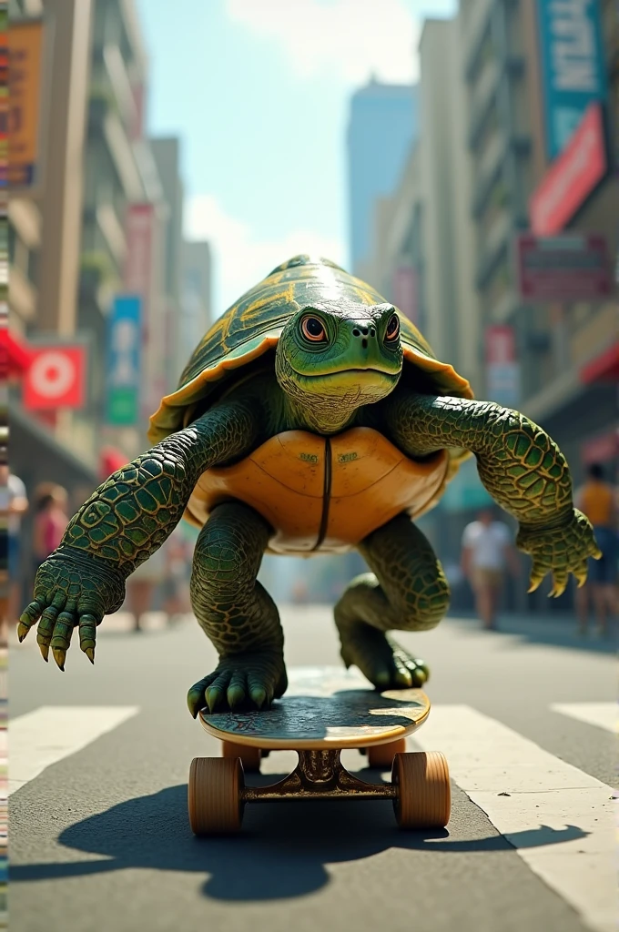 A turtle riding a skate board