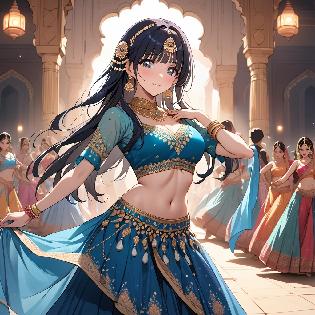 ((Highest quality)), ((masterpiece)), (detailed), (Perfect Face)、The woman is Reika Aoki with semi-long hair、A woman is dancing Bollywood dance in a Bollywood costume in India